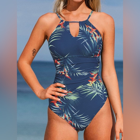 Teal Blue Bird Of Paradise Tropic Floral One Piece Swimsuit SIZE L Side Ruching - Picture 4 of 6